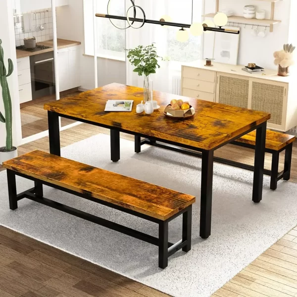 Restaurant dining table set, kitchen set with 2 benches 43.3x23.6x28.5 inches, bench 38.5x11.8x17.5 industrial brown - Image 9