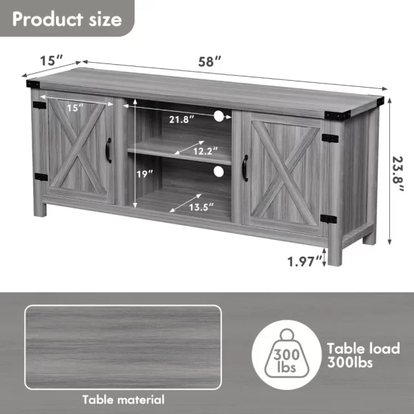 Farmhouse TV Stand with Two Barn Doors and Storage Cabinets for Televisions up to 65+ Inch, Entertainment Center Console Table - Image 2
