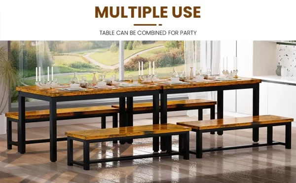 Restaurant dining table set, kitchen set with 2 benches 43.3x23.6x28.5 inches, bench 38.5x11.8x17.5 industrial brown - Image 14