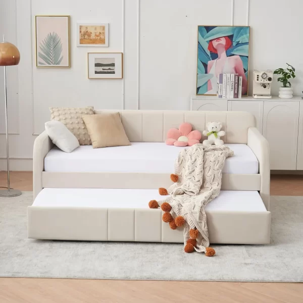 Twin Size Daybed with Trundle, Velvet Day Bed Frame with Side Pocket and USB Ports, No Box Spring Needed - Image 7