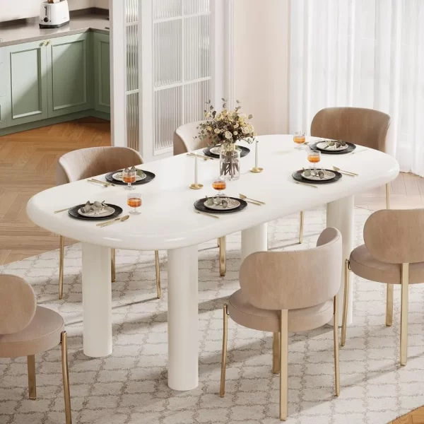 Oval Dining Table for 6 People, 63-Inch Modern Cream White Kitchen Table, Wood Dinner Table with Cylindrical Legs(Only Table) - Image 12