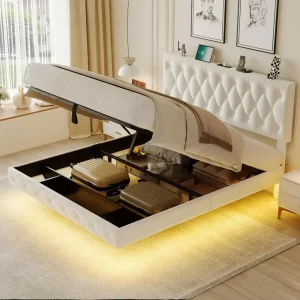 Lift Up Storage Bed Frame, with Adjustable Headboard/LED Lights/Charging Station/Outlet, Velvet Upholstered Tufted Platform Bed