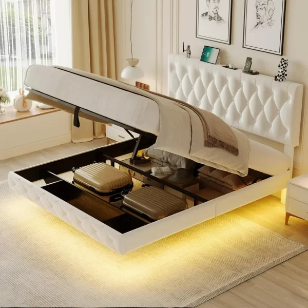 Lift Up Storage Bed Frame, with Adjustable Headboard/LED Lights/Charging Station/Outlet, Velvet Upholstered Tufted Platform Bed
