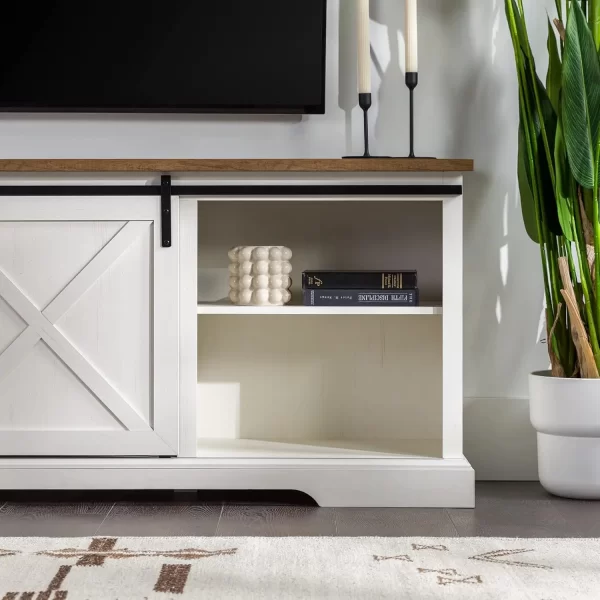 Corbin Modern Farmhouse Sliding X Barn Door Tv Stand For Tvs Up To 80 Inches, 70 Inch, Reclaimed Barnwood And Brushed White - Image 3