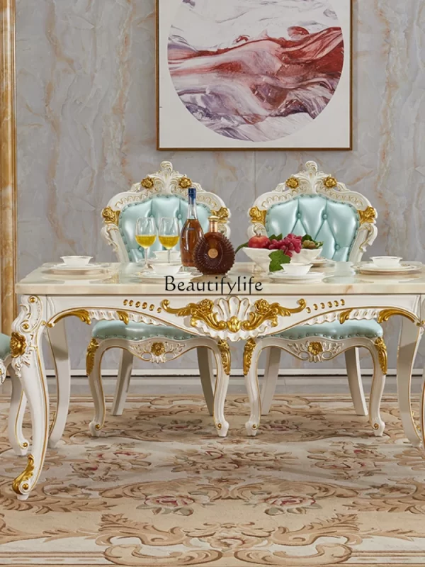 European dining table solid wood marble surface gold painted square dining table villa set - Image 2