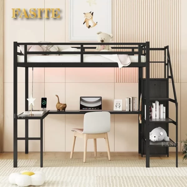 Full Size Loft Bed with Stairs and Desk, Metal Gaming Loft Bed with RGB LED Light, Heavy-duty Steel Loft Bed Frame with Storage - Image 14