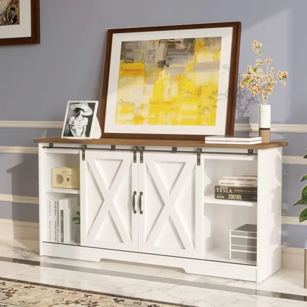 White TV Stand for 65 inch TV for Living Room, Modern Farmhouse Barn Door TV Stand with Storage Cabinets and Adjustable Shelves