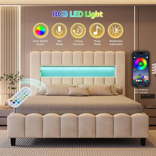 Bed Frame with LED Lights, Velvet Upholstered Platform Bed Frame with Charging Station and 51.2" Storage Headboard - Image 3