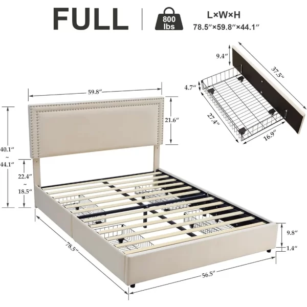 bed.Full Size Upholstered Platform Bed Frame with 4 Storage Drawers, Adjustable Velvet Rivets Headboard, Wooden Slats Support - Image 6