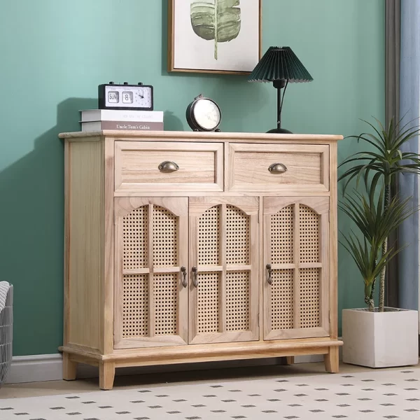 New Chinese-style solid wood dining side cabinet integrated against the wall, retro tea cabinet entry rattan storage cabinet, li - Image 3