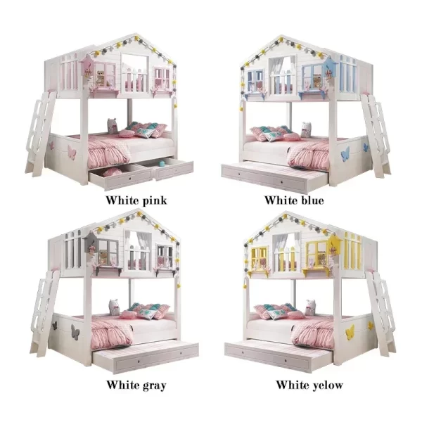 British Style Children's Double-decked Tree House Bed Modern High And Low Princess Solid Wood Castle Bed - Image 5