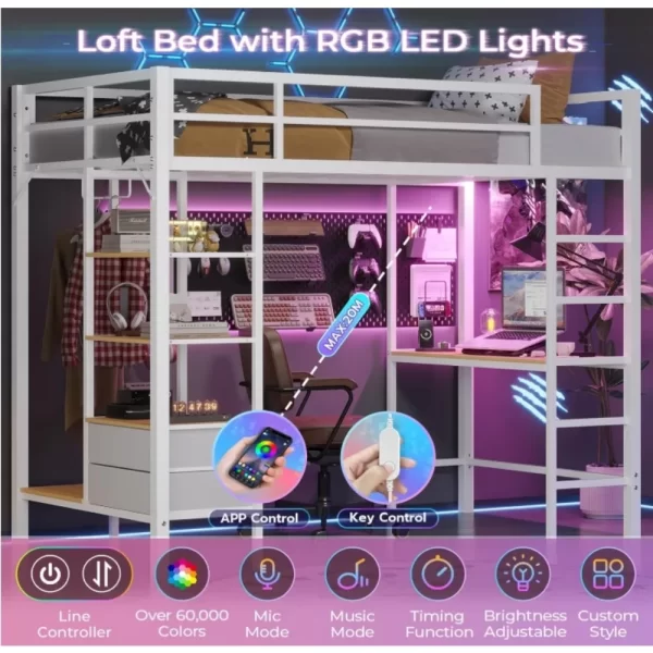 Loft Bed Twin Size with Desk and Charging Station Metal Loft Bed with Led Lights,Storage Shelves and Drawers Twin Size Bed - Image 5