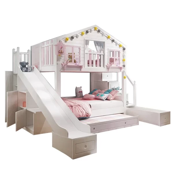 British Style Children's Double-decked Tree House Bed Modern High And Low Princess Solid Wood Castle Bed - Image 12