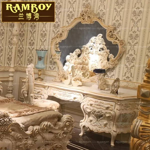 European court all solid wood carved makeup table French bedroom high-grade white painted vanity table combination - Image 5