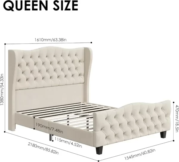 Queen Size 54.3” Tall Platform Bed Frame with Deep Button Tufted Wingback Headboard and Footboard,  ZL - Image 2