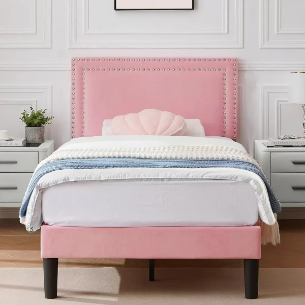 bed.Full Size Upholstered Platform Bed Frame with 4 Storage Drawers, Adjustable Velvet Rivets Headboard, Wooden Slats Support - Image 10