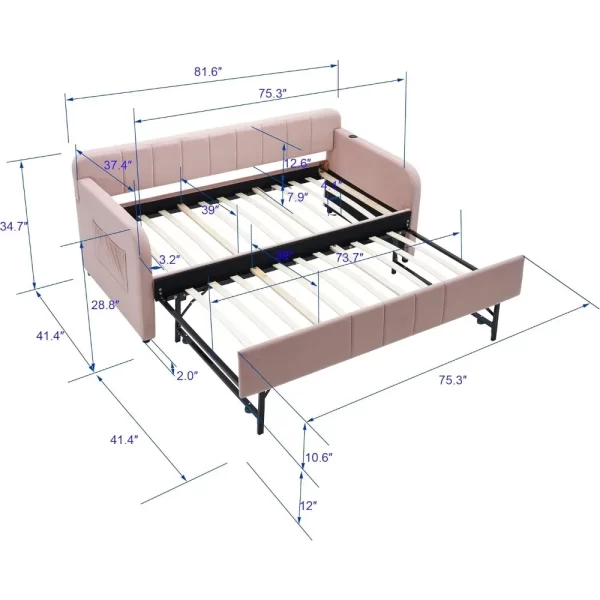 Twin Size Daybed with Trundle, Velvet Day Bed Frame with Side Pocket and USB Ports, No Box Spring Needed - Image 2