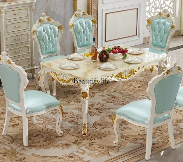 European dining table solid wood marble surface gold painted square dining table villa set - Image 3