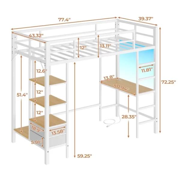 Loft Bed Twin Size with Desk and Charging Station Metal Loft Bed with Led Lights,Storage Shelves and Drawers Twin Size Bed - Image 2