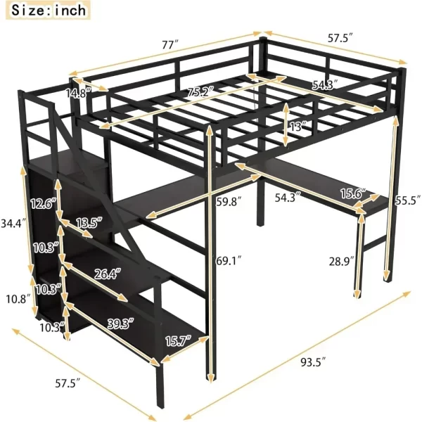 Full Size Loft Bed with Stairs and Desk, Metal Gaming Loft Bed with RGB LED Light, Heavy-duty Steel Loft Bed Frame with Storage - Image 2