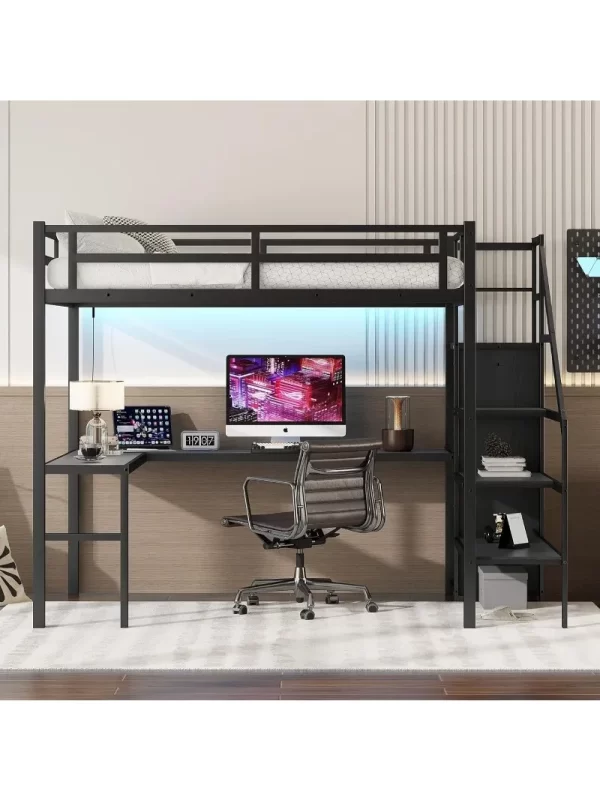 Gaming Loft Bed with L-Shaped Desk, LED and Charging Station, Metal Loft Bed with Wardrobe and Adjustable Shelf - Image 2