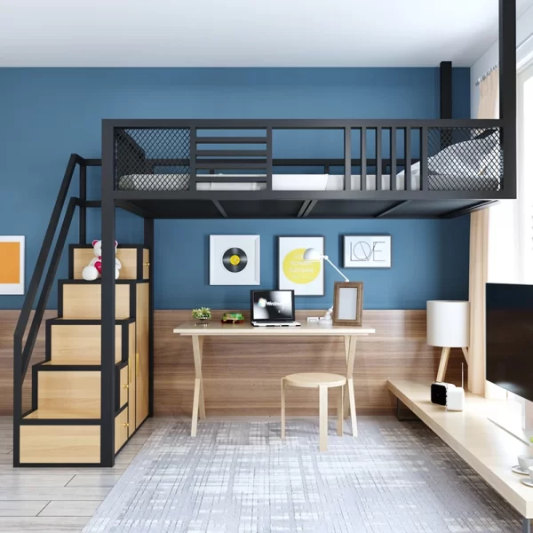 Elevated bed, loft style bed, bed, table, duplex second floor bed, apartment, energy-saving space, single upper floor, loft