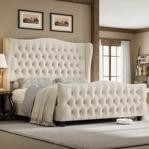 Queen Size 54.3” Tall Platform Bed Frame with Deep Button Tufted Wingback Headboard and Footboard,  ZL
