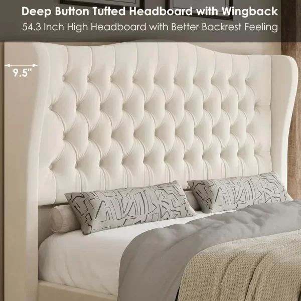 Queen Size 54.3” Tall Platform Bed Frame with Deep Button Tufted Wingback Headboard and Footboard,  ZL - Image 3