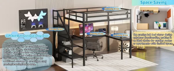 Gaming Loft Bed with L-Shaped Desk, LED and Charging Station, Metal Loft Bed with Wardrobe and Adjustable Shelf - Image 7