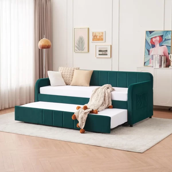Twin Size Daybed with Trundle, Velvet Day Bed Frame with Side Pocket and USB Ports, No Box Spring Needed - Image 9