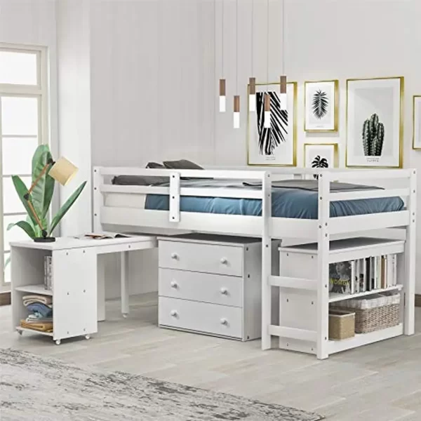 Twin Loft Bed Desk Storage Cabinet Rolling Desk Kids Teenagers Functional Aesthetic Bunk Bed White Durable Portable Guardrails - Image 16