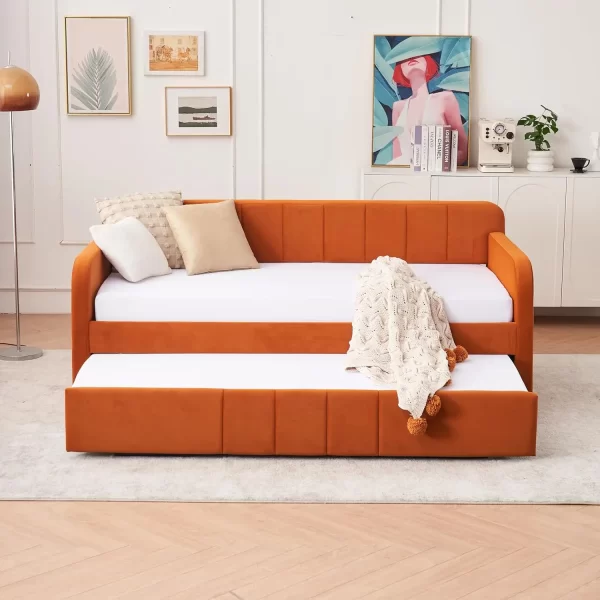 Twin Size Daybed with Trundle, Velvet Day Bed Frame with Side Pocket and USB Ports, No Box Spring Needed - Image 11