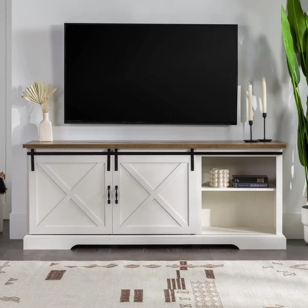 Corbin Modern Farmhouse Sliding X Barn Door Tv Stand For Tvs Up To 80 Inches, 70 Inch, Reclaimed Barnwood And Brushed White - Image 2