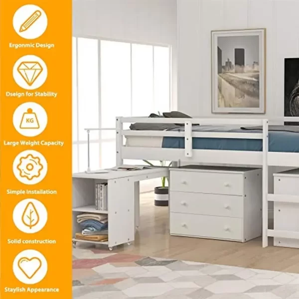 Twin Loft Bed Desk Storage Cabinet Rolling Desk Kids Teenagers Functional Aesthetic Bunk Bed White Durable Portable Guardrails - Image 3