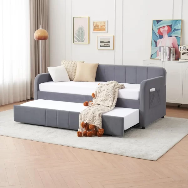 Twin Size Daybed with Trundle, Velvet Day Bed Frame with Side Pocket and USB Ports, No Box Spring Needed - Image 8