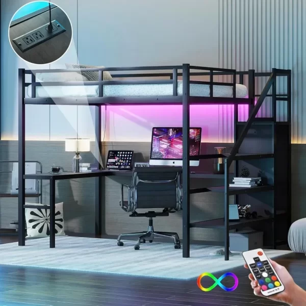 Full Size Loft Bed with Stairs and Desk, Metal Gaming Loft Bed with RGB LED Light, Heavy-duty Steel Loft Bed Frame with Storage - Image 5