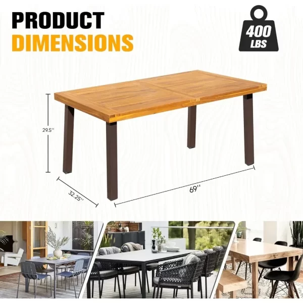 Dining Table for 6 Acacia Wood Indoor Outdoor Home Kitchen Table with Iron Legs Large Rectangular Patio Table for Deck, - Image 6