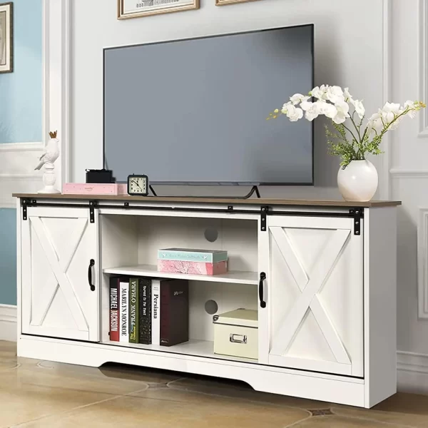 White TV Stand for 65 inch TV for Living Room, Modern Farmhouse Barn Door TV Stand with Storage Cabinets and Adjustable Shelves - Image 6