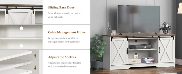 White TV Stand for 65 inch TV for Living Room, Modern Farmhouse Barn Door TV Stand with Storage Cabinets and Adjustable Shelves - Image 7