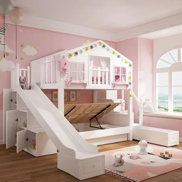 British Style Children's Double-decked Tree House Bed Modern High And Low Princess Solid Wood Castle Bed - Image 2