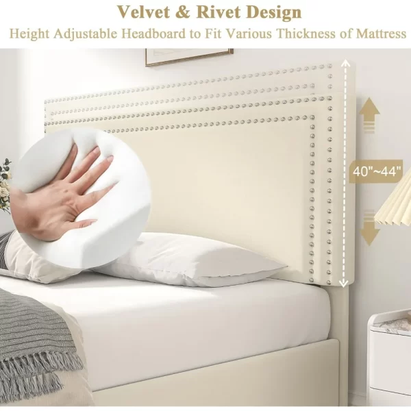 bed.Full Size Upholstered Platform Bed Frame with 4 Storage Drawers, Adjustable Velvet Rivets Headboard, Wooden Slats Support - Image 3