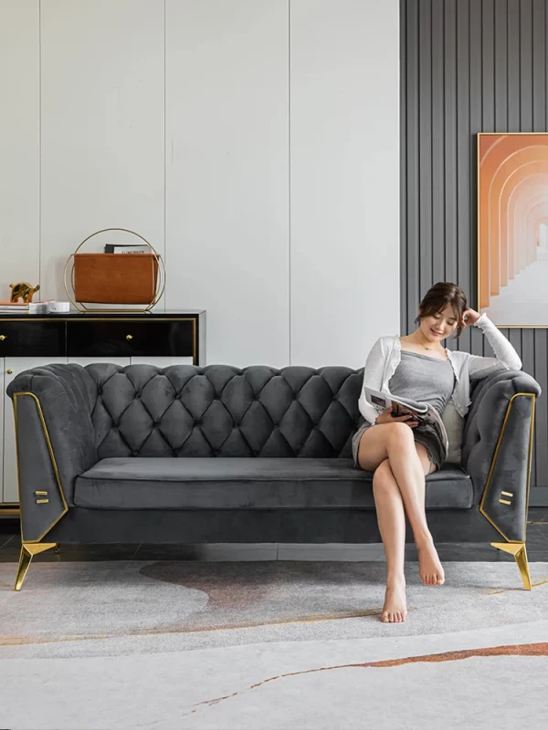 Accessible luxury sofa scandinaviandouble velvet casual modern pull button living room beauty salon three-person fabric sofa - Image 3