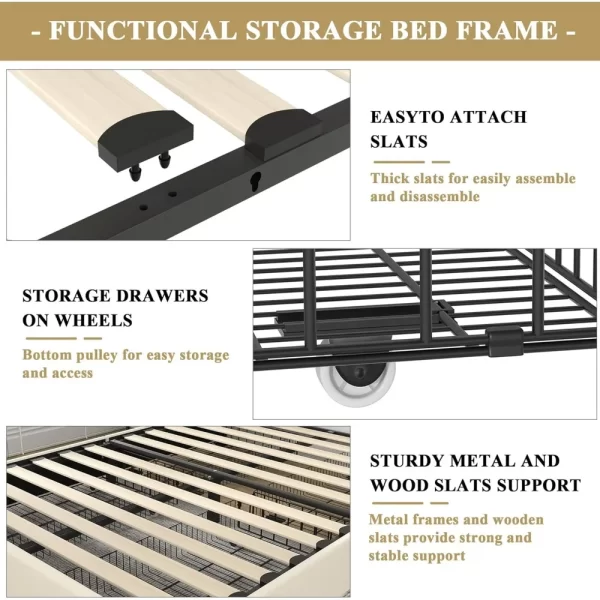bed.Full Size Upholstered Platform Bed Frame with 4 Storage Drawers, Adjustable Velvet Rivets Headboard, Wooden Slats Support - Image 5