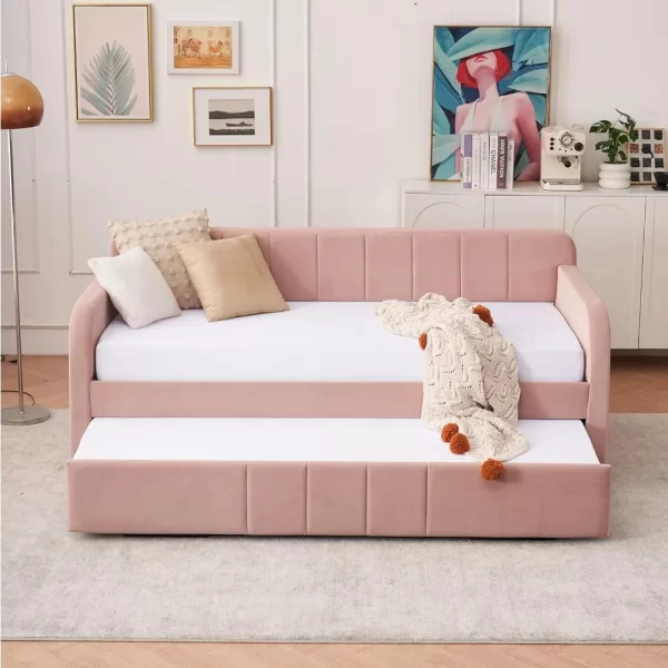 Twin Size Daybed with Trundle, Velvet Day Bed Frame with Side Pocket and USB Ports, No Box Spring Needed - Image 3