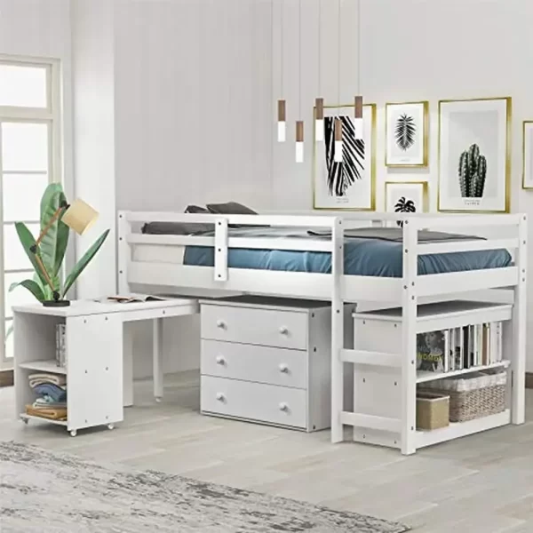 Twin Loft Bed Desk Storage Cabinet Rolling Desk Kids Teenagers Functional Aesthetic Bunk Bed White Durable Portable Guardrails