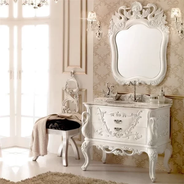 A European-Style Bathroom Cabinet Wash Basin Antique Marble Countertop Oak Carved Bathroom Table - Image 8