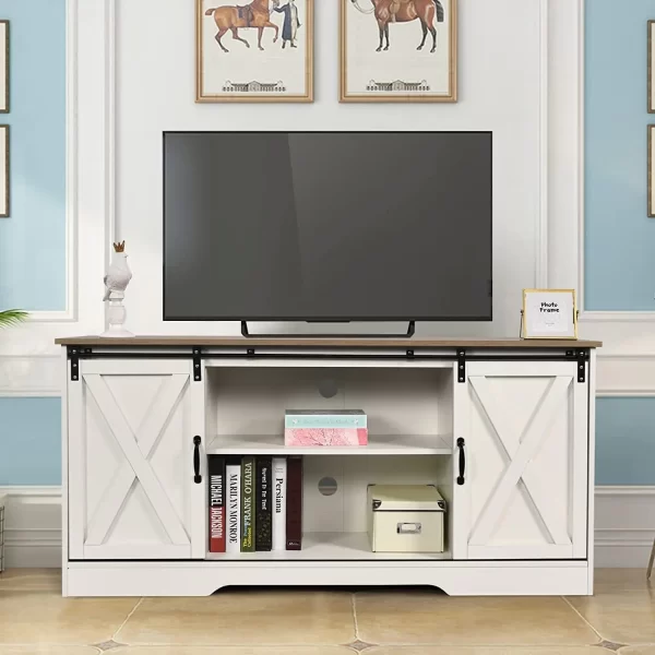 White TV Stand for 65 inch TV for Living Room, Modern Farmhouse Barn Door TV Stand with Storage Cabinets and Adjustable Shelves - Image 5