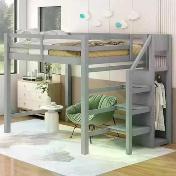 Full Size Loft Bed with Storage Wardrobe and Staircase High Load Capacity Wooden Loft Bed Frame Kids Girls Boys Bedroom Grey - Image 16