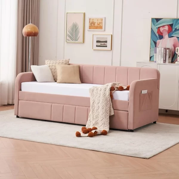 Twin Size Daybed with Trundle, Velvet Day Bed Frame with Side Pocket and USB Ports, No Box Spring Needed - Image 4