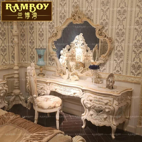 European court all solid wood carved makeup table French bedroom high-grade white painted vanity table combination - Image 4